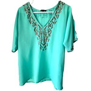 Womens mint green blouse top v neck casual short sleeve comfortable size M